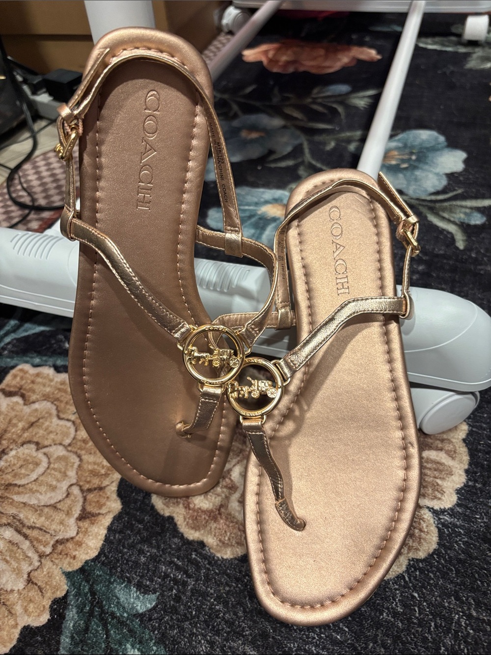 COACH Women's Rose Gold T-Strap Logo Sandals